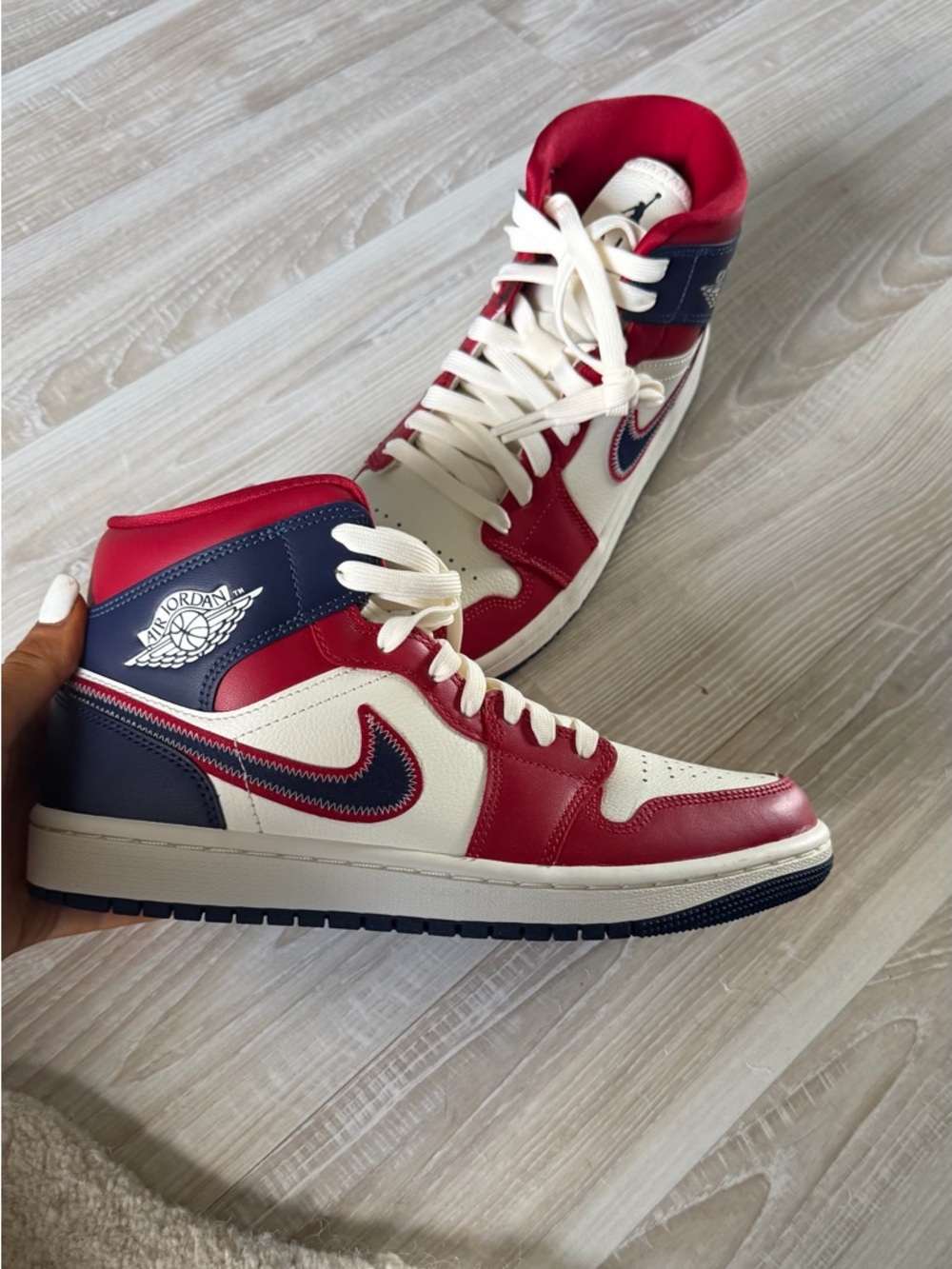 Jordan Women’s Mid 1 High-Top Sneakers in 7.5 Red, White & Navy or men’s 6